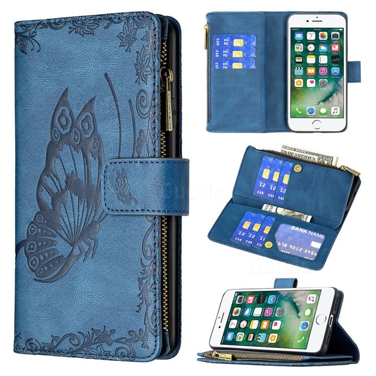 Binfen Color Imprint Vivid Butterfly Buckle Zipper Multi-function Leather Phone Wallet for iPhone 8 / 7 (4.7 inch) - Blue