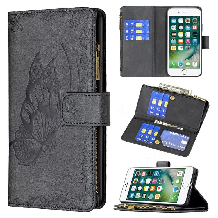 Binfen Color Imprint Vivid Butterfly Buckle Zipper Multi-function Leather Phone Wallet for iPhone 8 / 7 (4.7 inch) - Black