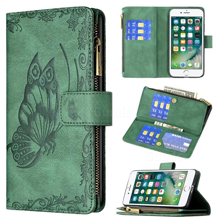 Binfen Color Imprint Vivid Butterfly Buckle Zipper Multi-function Leather Phone Wallet for iPhone 8 / 7 (4.7 inch) - Green