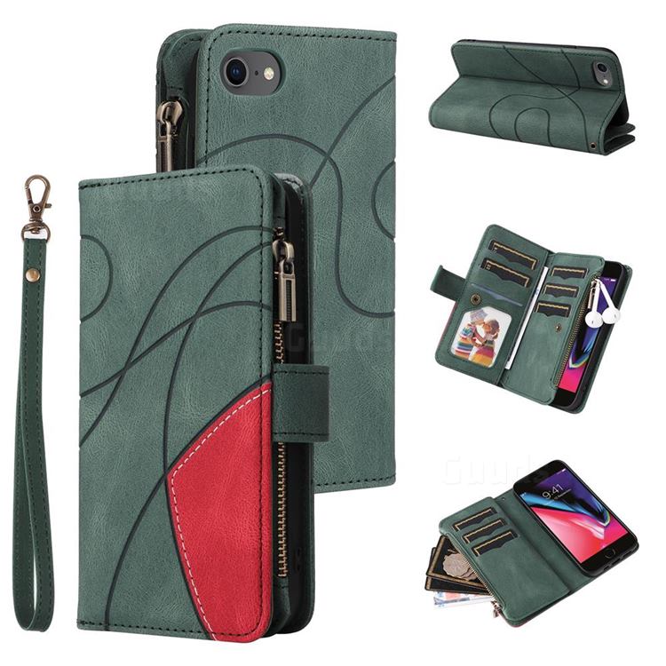 Luxury Two-color Stitching Multi-function Zipper Leather Wallet Case Cover for iPhone 8 / 7 (4.7 inch) - Green