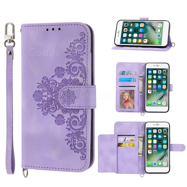 Skin Feel Embossed Lace Flower Multiple Card Slots Leather Wallet Phone Case for iPhone 8 / 7 (4.7 inch) - Purple