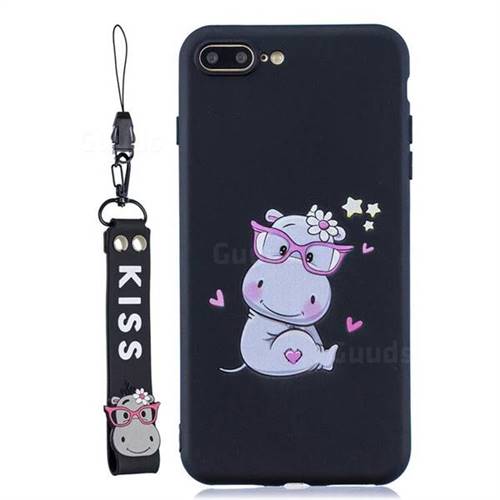 Black Flower Hippo Soft Kiss Candy Hand Strap Silicone Case for iPhone 8 Plus / 7 Plus 7P(5.5 inch)