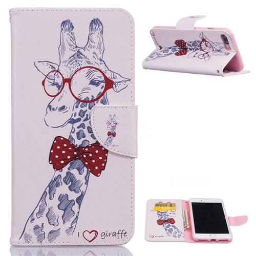 Glasses Giraffe Leather Wallet Case for iPhone 8 Plus / 7 Plus 8P 7P (5.5 inch)