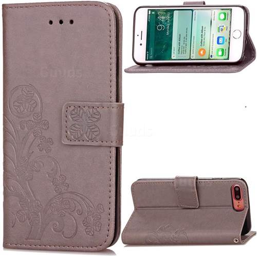 Embossing Imprint Four-Leaf Clover Leather Wallet Case for iPhone 8 Plus / 7 Plus 8P 7P (5.5 inch) - Gray