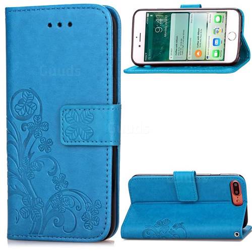 Embossing Imprint Four-Leaf Clover Leather Wallet Case for iPhone 8 Plus / 7 Plus 8P 7P (5.5 inch) - Blue