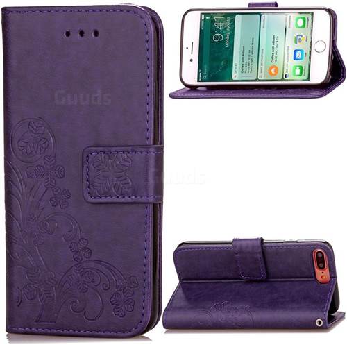 Embossing Imprint Four-Leaf Clover Leather Wallet Case for iPhone 8 Plus / 7 Plus 8P 7P (5.5 inch) - Purple