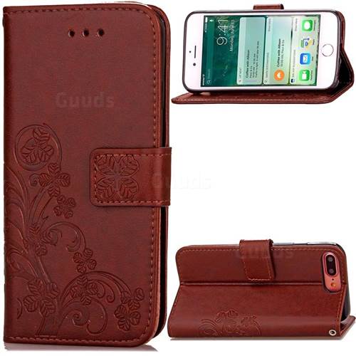 Embossing Imprint Four-Leaf Clover Leather Wallet Case for iPhone 8 Plus / 7 Plus 8P 7P (5.5 inch) - Brown