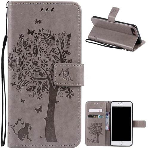 Embossing Butterfly Tree Leather Wallet Case for iPhone 8 Plus / 7 Plus 8P 7P (5.5 inch) - Grey