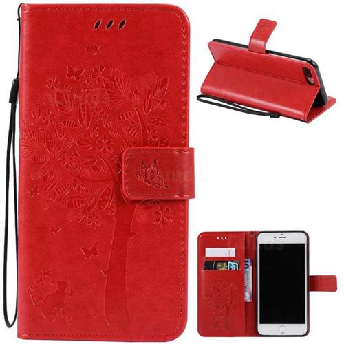 Embossing Butterfly Tree Leather Wallet Case for iPhone 8 Plus / 7 Plus 8P 7P (5.5 inch) - Red