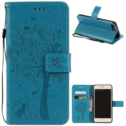 Embossing Butterfly Tree Leather Wallet Case for iPhone 8 Plus / 7 Plus 8P 7P (5.5 inch) - Blue