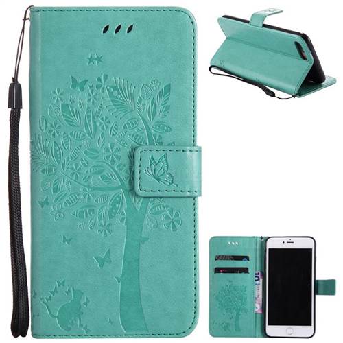 Embossing Butterfly Tree Leather Wallet Case for iPhone 8 Plus / 7 Plus 8P 7P(5.5 inch) - Cyan
