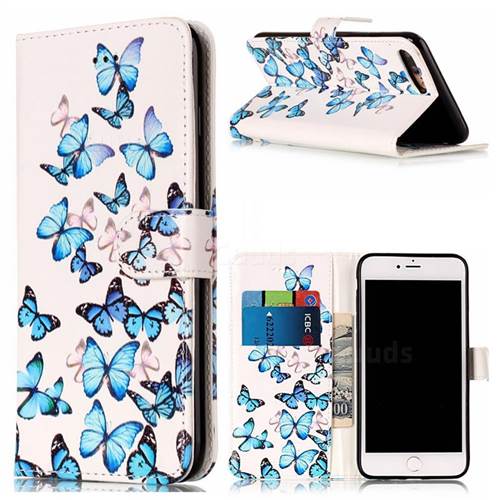 Blue Vivid Butterflies PU Leather Wallet Case for iPhone 8 Plus / 7 Plus 8P 7P(5.5 inch)