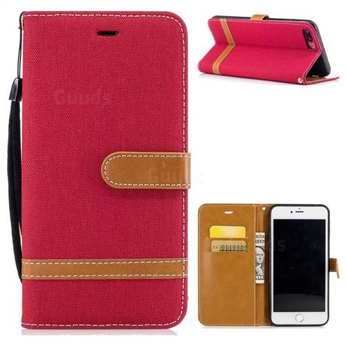 Jeans Cowboy Denim Leather Wallet Case for iPhone 8 Plus / 7 Plus 8P 7P(5.5 inch) - Red