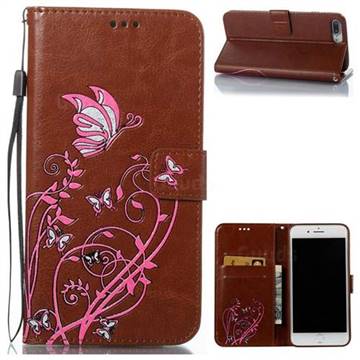 Embossing Narcissus Butterfly Leather Wallet Case for iPhone 8 Plus / 7 Plus 8P 7P(5.5 inch) - Brown