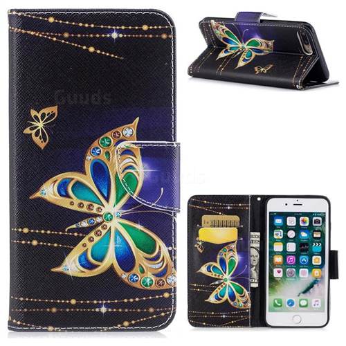 Golden Shining Butterfly Leather Wallet Case for iPhone 8 Plus / 7 Plus 8P 7P(5.5 inch)