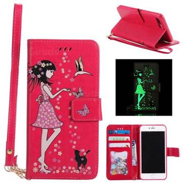 Luminous Flower Girl Cat Leather Wallet Case for iPhone 8 Plus / 7 Plus 8P 7P(5.5 inch) - Rose