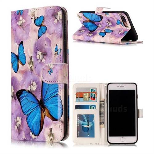 Purple Flowers Butterfly 3D Relief Oil PU Leather Wallet Case for iPhone 8 Plus / 7 Plus 8P 7P(5.5 inch)