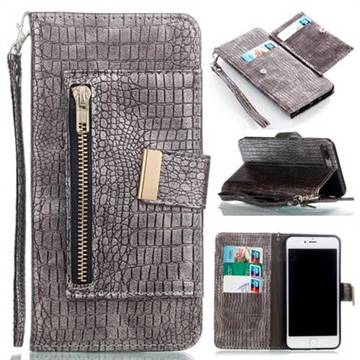 Retro Crocodile Zippers Leather Wallet Case for iPhone 8 Plus / 7 Plus 7P(5.5 inch) - Silver Gray