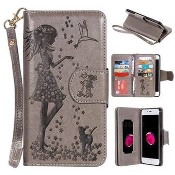 Embossing Cat Girl 9 Card Leather Wallet Case for iPhone 8 Plus / 7 Plus 7P(5.5 inch) - Gray