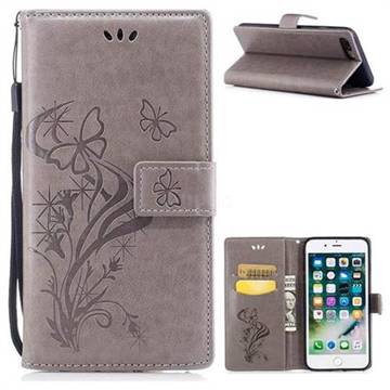 Intricate Embossing Butterfly Morning Glory Leather Wallet Case for iPhone 8 Plus / 7 Plus 7P(5.5 inch) - Grey