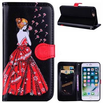 Dandelion Wedding Dress Girl Flash Powder Leather Wallet Holster Case for iPhone 8 Plus / 7 Plus 7P(5.5 inch) - Black