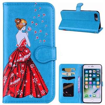 Dandelion Wedding Dress Girl Flash Powder Leather Wallet Holster Case for iPhone 8 Plus / 7 Plus 7P(5.5 inch) - Blue