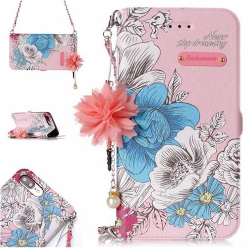 Pink Blue Rose Endeavour Florid Pearl Flower Pendant Metal Strap PU Leather Wallet Case for iPhone 8 Plus / 7 Plus 7P(5.5 inch)