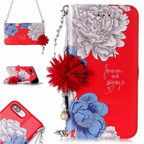 Red Chrysanthemum Endeavour Florid Pearl Flower Pendant Metal Strap PU Leather Wallet Case for iPhone 8 Plus / 7 Plus 7P(5.5 inch)