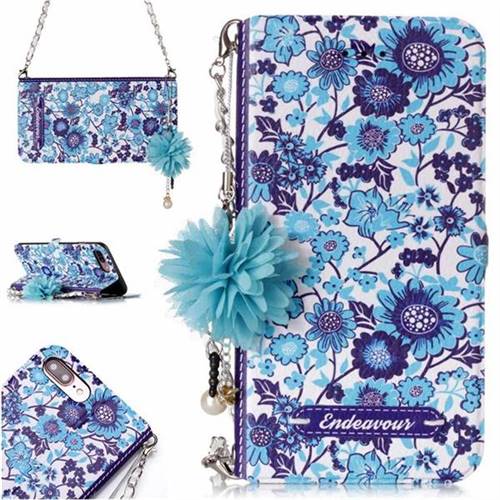 Blue-and-White Endeavour Florid Pearl Flower Pendant Metal Strap PU Leather Wallet Case for iPhone 8 Plus / 7 Plus 7P(5.5 inch)
