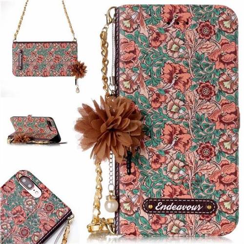 Impatiens Endeavour Florid Pearl Flower Pendant Metal Strap PU Leather Wallet Case for iPhone 8 Plus / 7 Plus 7P(5.5 inch)