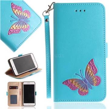 Imprint Embossing Butterfly Leather Wallet Case for iPhone 8 Plus / 7 Plus 7P(5.5 inch) - Sky Blue