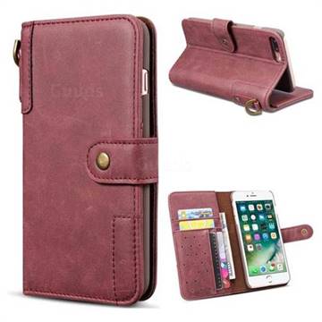Retro Luxury Cowhide Leather Wallet Case for iPhone 8 Plus / 7 Plus 7P(5.5 inch) - Wine Red