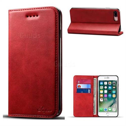 Suteni Simple Style Calf Stripe Leather Wallet Phone Case for iPhone 8 Plus / 7 Plus 7P(5.5 inch) - Red