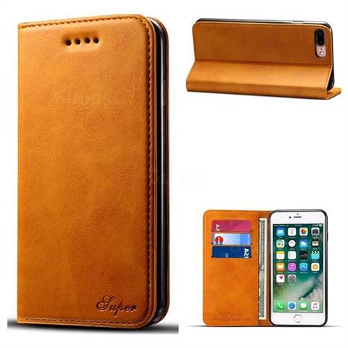 Suteni Simple Style Calf Stripe Leather Wallet Phone Case for iPhone 8 Plus / 7 Plus 7P(5.5 inch) - Khaki