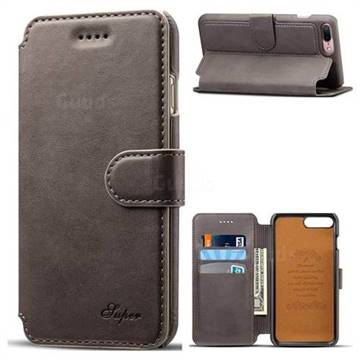 Suteni Calf Stripe Leather Wallet Flip Phone Case for iPhone 8 Plus / 7 Plus 7P(5.5 inch) - Gray