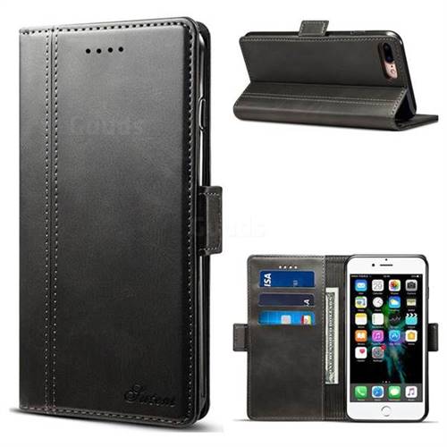 Suteni Calf Stripe Dual Color Leather Wallet Flip Case for iPhone 8 Plus / 7 Plus 7P(5.5 inch) - Black