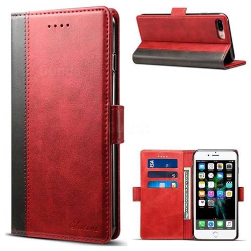Suteni Calf Stripe Dual Color Leather Wallet Flip Case for iPhone 8 Plus / 7 Plus 7P(5.5 inch) - Red
