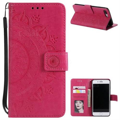 Intricate Embossing Datura Leather Wallet Case for iPhone 8 Plus / 7 Plus 7P(5.5 inch) - Rose Red
