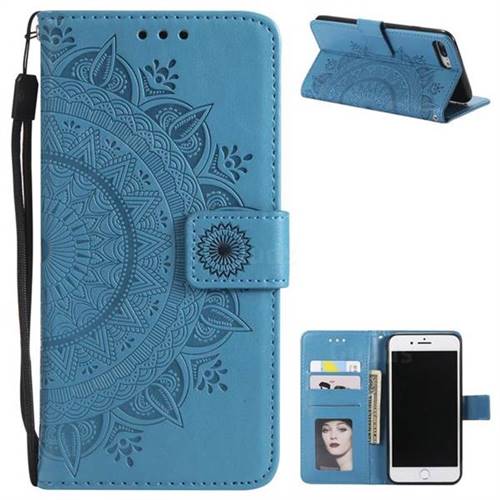 Intricate Embossing Datura Leather Wallet Case for iPhone 8 Plus / 7 Plus 7P(5.5 inch) - Blue