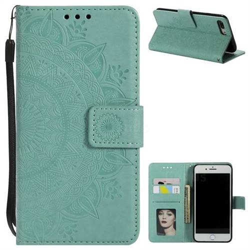 Intricate Embossing Datura Leather Wallet Case for iPhone 8 Plus / 7 Plus 7P(5.5 inch) - Mint Green