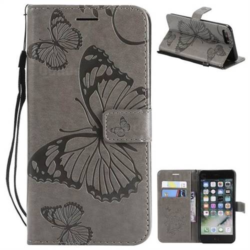 Embossing 3D Butterfly Leather Wallet Case for iPhone 8 Plus / 7 Plus 7P(5.5 inch) - Gray