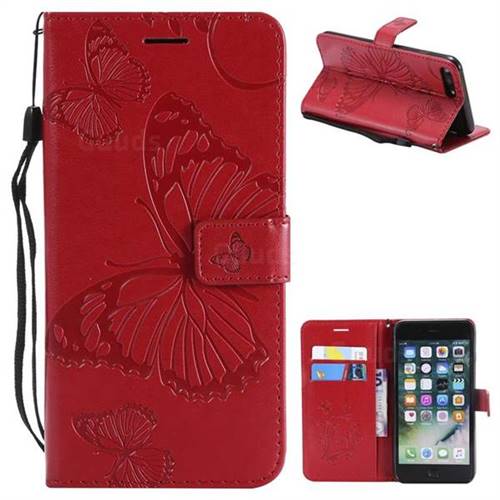 Embossing 3D Butterfly Leather Wallet Case for iPhone 8 Plus / 7 Plus 7P(5.5 inch) - Red