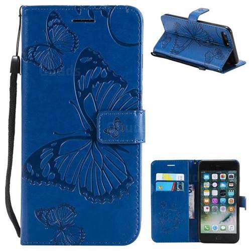 Embossing 3D Butterfly Leather Wallet Case for iPhone 8 Plus / 7 Plus 7P(5.5 inch) - Blue