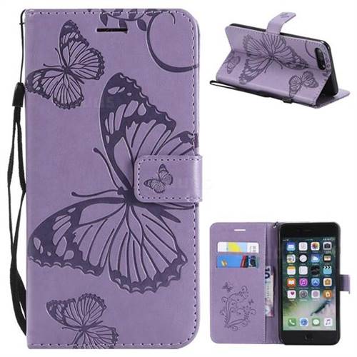 Embossing 3D Butterfly Leather Wallet Case for iPhone 8 Plus / 7 Plus 7P(5.5 inch) - Purple