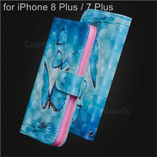 Blue Sea Butterflies 3D Painted Leather Wallet Case for iPhone 8 Plus / 7 Plus 7P(5.5 inch)
