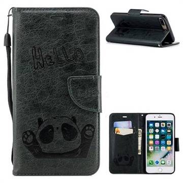 Embossing Hello Panda Leather Wallet Phone Case for iPhone 8 Plus / 7 Plus 7P(5.5 inch) - Seagreen