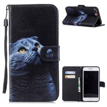 Looking Up Cat Painting Leather Wallet Phone Case for iPhone 8 Plus / 7 Plus 7P(5.5 inch)