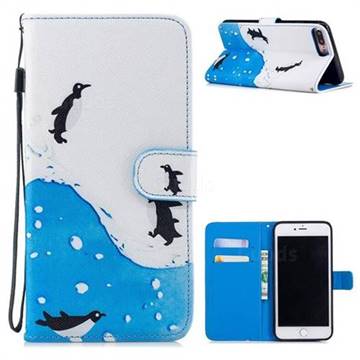 Sea Penguin Painting Leather Wallet Phone Case for iPhone 8 Plus / 7 Plus 7P(5.5 inch)