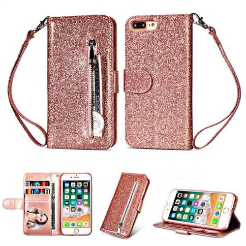 Glitter Shine Leather Zipper Wallet Phone Case for iPhone 8 Plus / 7 Plus 7P(5.5 inch) - Pink