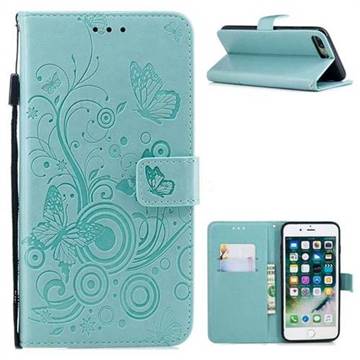 Intricate Embossing Butterfly Circle Leather Wallet Case for iPhone 8 Plus / 7 Plus 7P(5.5 inch) - Cyan